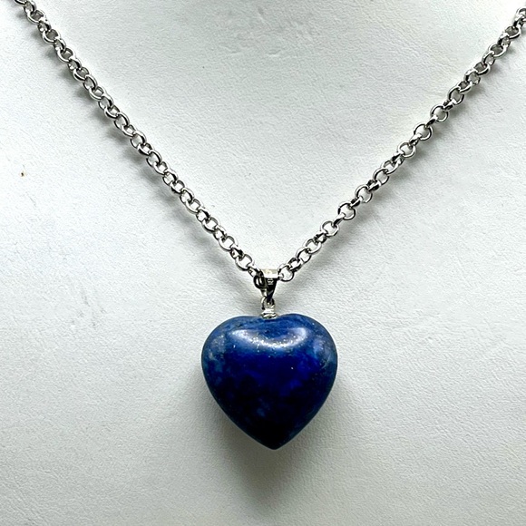 Jewelry - Silver Tone Chain Necklace with Genuine Lapis Lazuli Gemstone Heart Pendant
